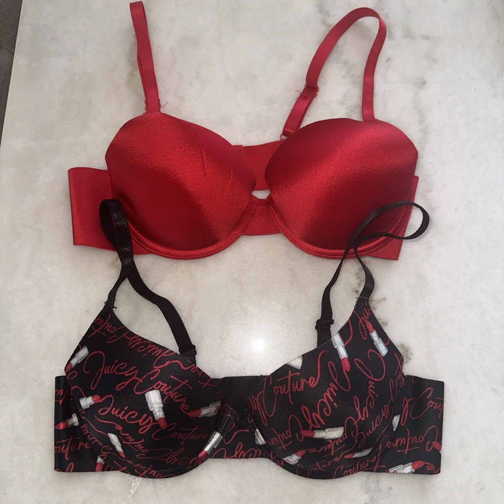 2‎  Juicy Couture Sexy Push Up Bra  Sz 34B Black/Red